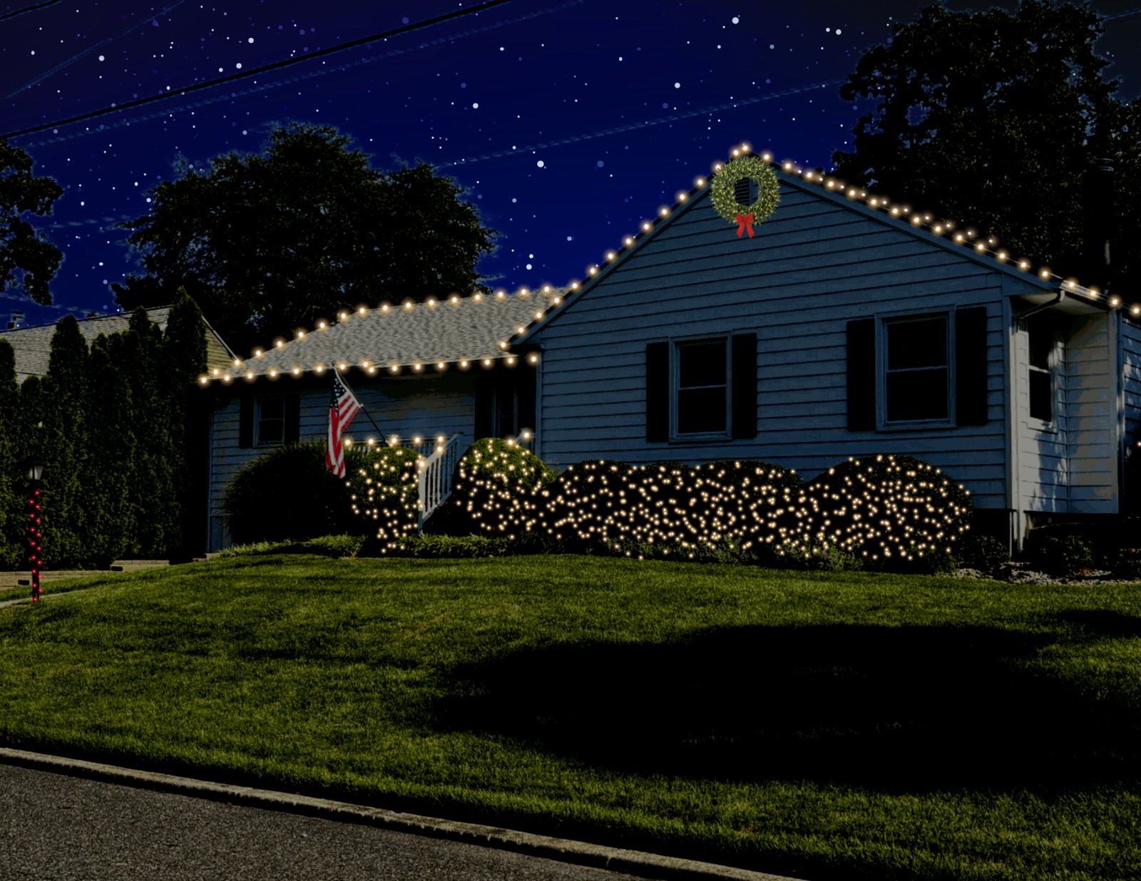 Digital mock-up of the Christmas lighting design on the same home